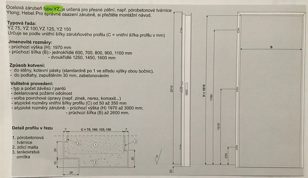 Požární zárubeň ocelová - YZP - EI 30 700x1970 Levá 100