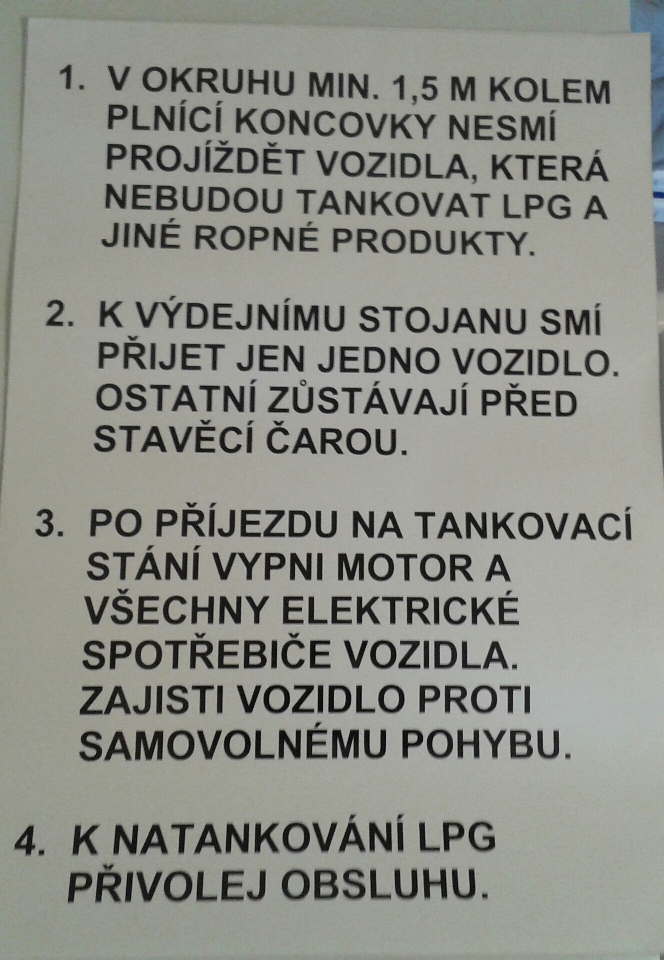 Tabulka - pokyny na LPG na čerpací stanice